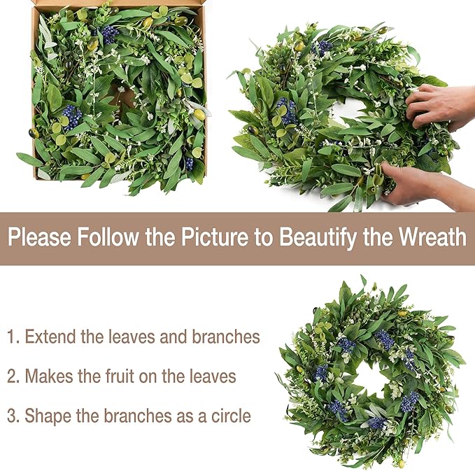 HomeKaren Wreaths for Front Door 22", Door Spring Wreath with Eucalyptus Olive Boxwood Leaves, Greenery Wreath Door Decoration for Spring Summer All Season Home and Outdoor