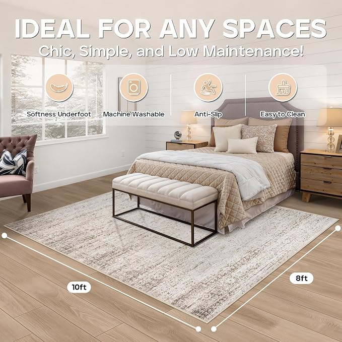 8x10 Area Rugs for Living Room Rug Washable: Modern Large Rug for Dining Room Bedroom Carpet Non Slip 8 by 10 Indoor Abstract Nursery Home Office Beige Ivory