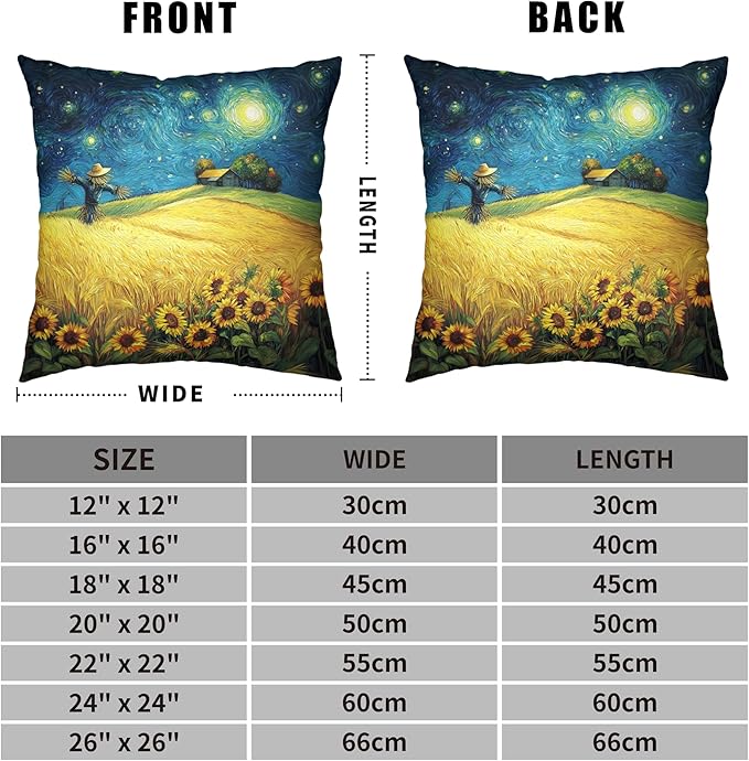 Fall Throw Pillow Covers 20x20 Set of 2 Autumn Sunflower Wheat Field Harvest Pillow Covers Scarecrow Under Van Gogh Starry Night Thanksgiving Pillowcase for Home Decor Couch