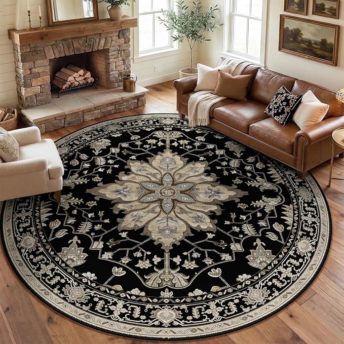 RELEANY Area Rugs 8ft Washable Non-Slip, Floral Vintage Distress Print Pattern Medallion Carpet for Living Room Bedroom Dining Room, Black Brown Neutral Dark Tan