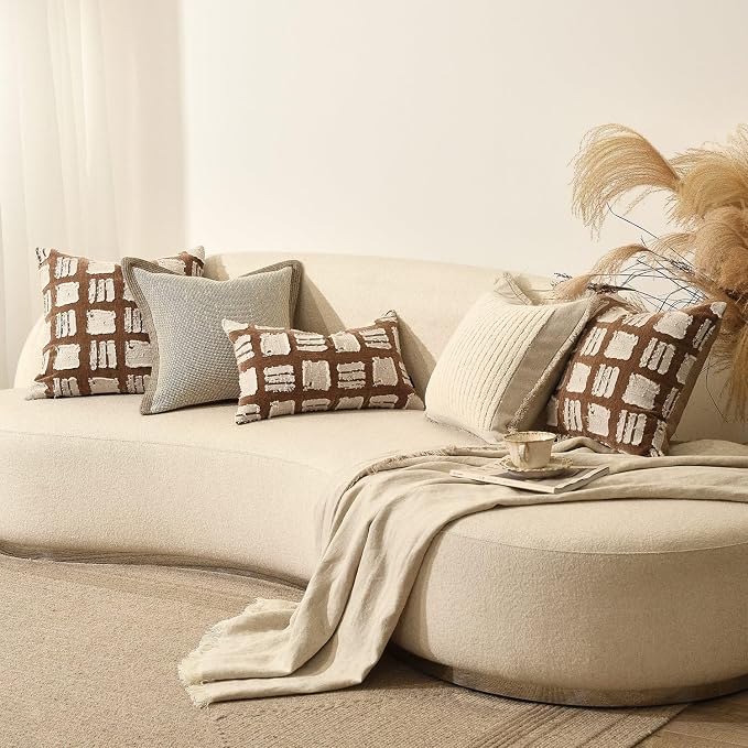 Boho Throw Pillow Covers 20x20, Brown White Abstract Grid Pillowcases, Farmhouse Decorative Pillows Cushion Cases for Sofa Bed Living Room