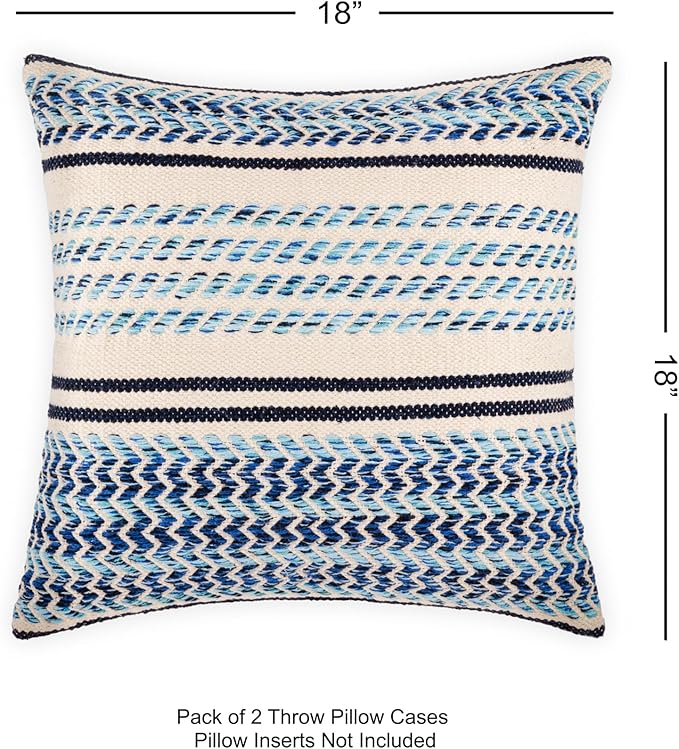 REDEARTH · Boho Textured Throw Pillow Cushion Covers - Woven Tufted Decorative Farmhouse Cases Set for Couch - Bed - Chair - Dining - Patio - Outdoor - 100% Cotton (18"x18" - Indigo Natural) Pack of 2