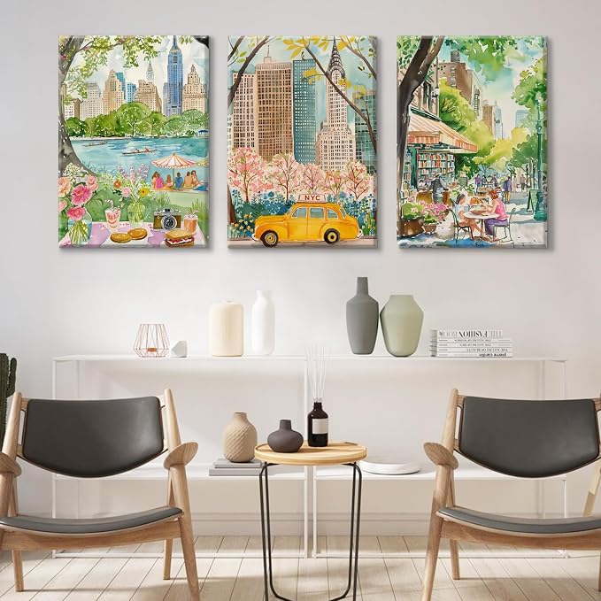 SYYANKK Watercolor New York City Wall Art NYC Canvas Poster Travel Wall Decor NYC Painting Central Park Picture New York Landmarks Artwork for Bedroom Living Room 12x16x3 Inch Ready to Hang
