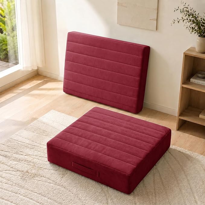 JKMAX 2 Pcs High Density Foam Floor Pillow - Upgraded Large Pillows Seating for Adults - Outdoor Floor Cushion with Soft Tufted Cover - Yoga Pillows for Sitting On Floor - 22 Inch Burgundy