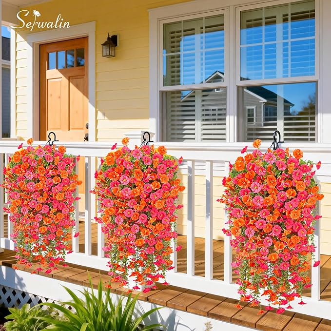 Serwalin Artificial Hanging Flowers for Outdoors UV Resistant, 8PCS Faux Morning Glory Fake Outdoor Flowers Realistic Silk Flower Faux Plants for Outside Planter Front Door Porch Patio Yard Decor