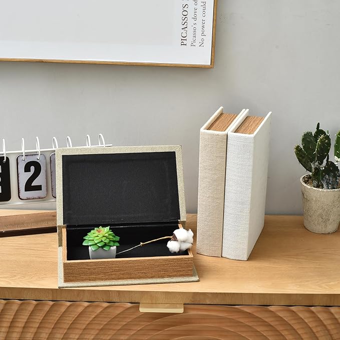 DECOR4SEASON Modern Linen and Wood Decorative Faux Book Boxes Set of 3,10", Taupe,Beige,Off White