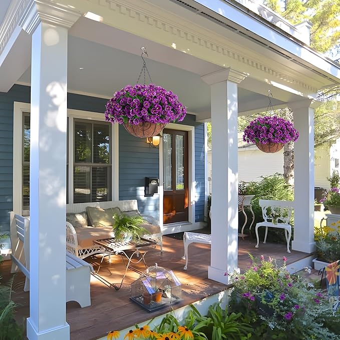 Artificial Hanging Flower Plants with Basket for Spring Summer Outdoor Decoration, Faux Petunias Flowers Fake Morning Glory Planter for Outside Patio Garden Porch Balcony Yard Spring Decor(Lotus)