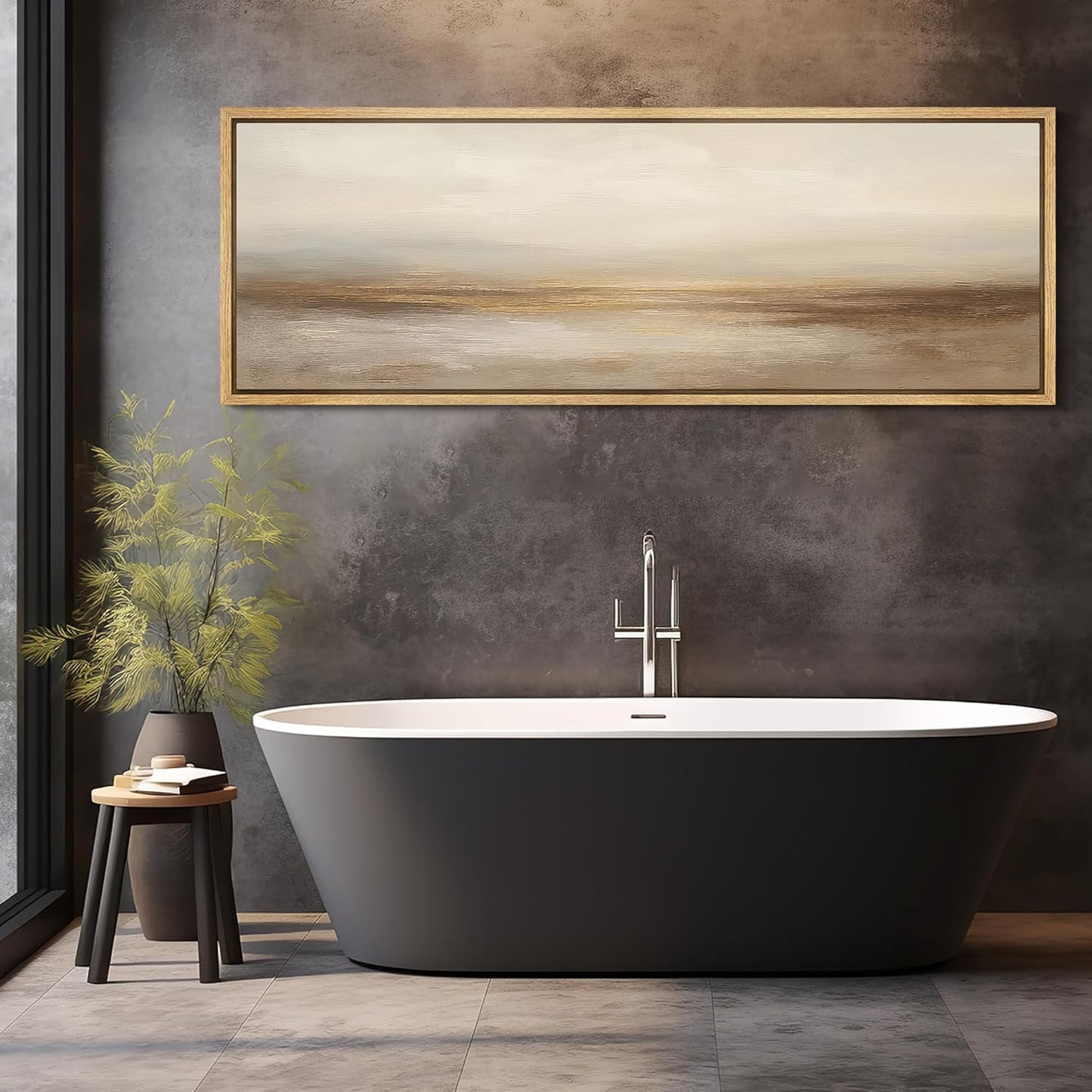 MUDECOR Large Framed Canvas Print Wall Art Neutral Beige Horizon Abstract Modern Minimalist Landscape Illustrations Decorative Colorful for Bedroom - 60"x20"