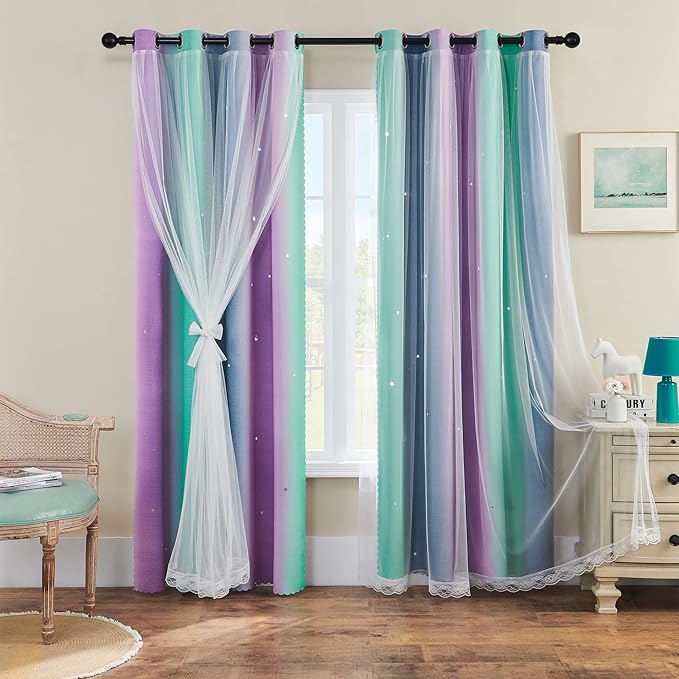 XiDi Purple Grey Green Curtains for Girls Bedroom 2 Panels Set, Rainbow Blackout Curtains for Kids Room Decor, Unicorn Wall Decals Grommet Drapes for Nursery Room 63 Inches Long 52 Inches Wide