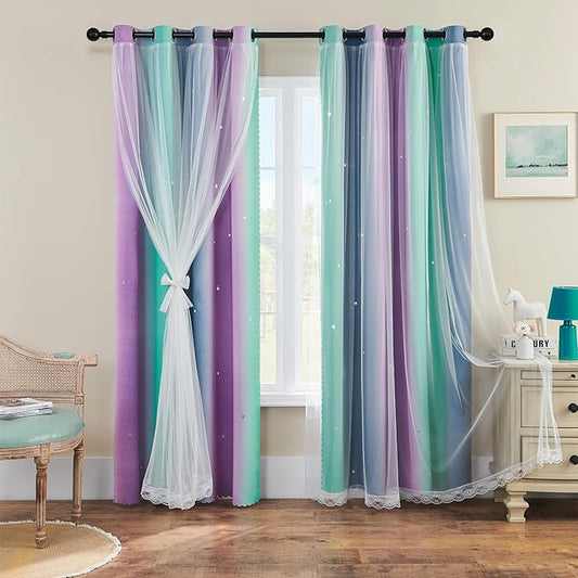 XiDi Purple Grey Green Curtains for Girls Bedroom 2 Panels Set, Rainbow Blackout Curtains for Kids Room Decor, Unicorn Wall Decals Grommet Drapes for Nursery Room 63 Inches Long 52 Inches Wide