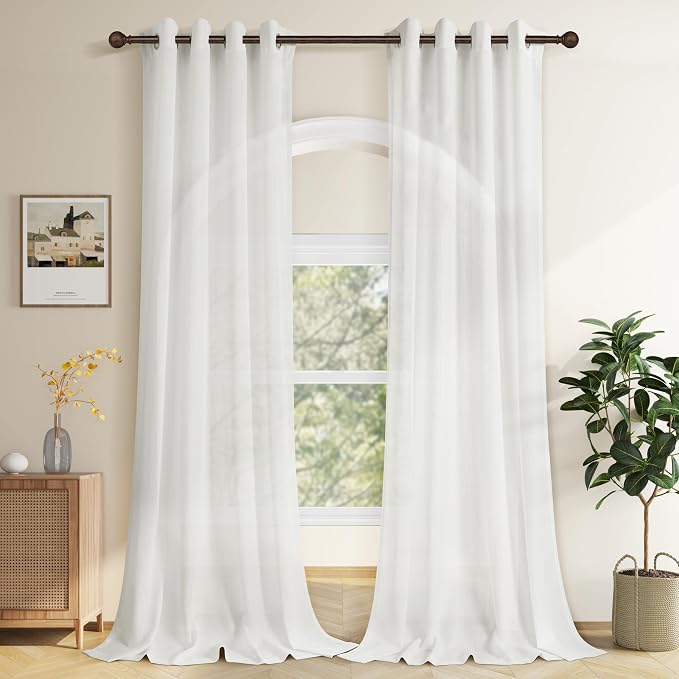 Off White Linen Curtains 84 Inches Long 2 Panels Set Grommet Semi Sheer Linen Drapes for Bedroom Light Filter Oat Ivory Cream Colored White Cotton Boho Window Curtain for Living Room 84 Inch Length