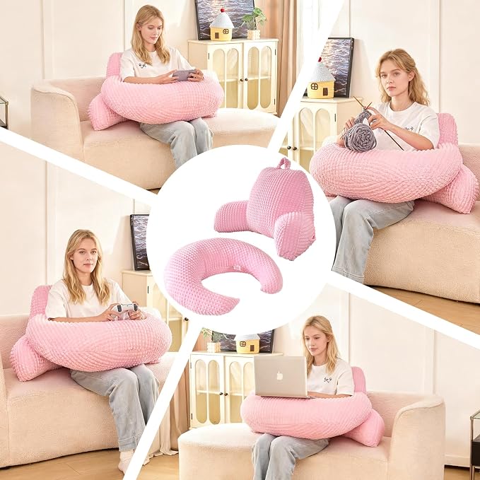 17" Reading Pillow for Bed,U Shaped Arm & Elbow Support,Pink Flannel | Backrest Supports Back,U shaped Lap Pillow Cushions Arms,Elbows & Wrists,Soft Flannel for Reading,Gaming,Watching TV