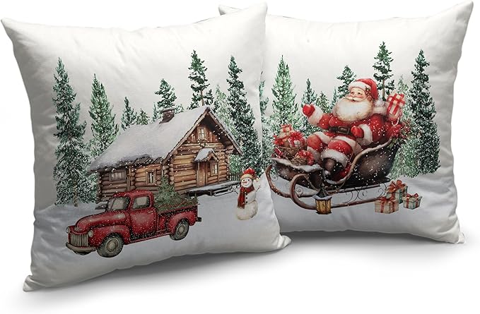 Christmas Santa Pillow Covers Set of 2 Snowy Cabin Red Truck Snowman Throw Pillow Covers Green Xmas Tree Pillowcase 16x16 Cotton Linen Cushion Case for Winter Holiday Home Decor