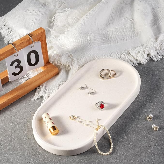 Koville Creamy White Marble Tray for Bathroom, 12"x6" Natural Luxury Marble Vanity Tray for Home Decor Countertop, Stone Oval Trays for Perfume & Jewelry Organizer, Stone Storage Trays