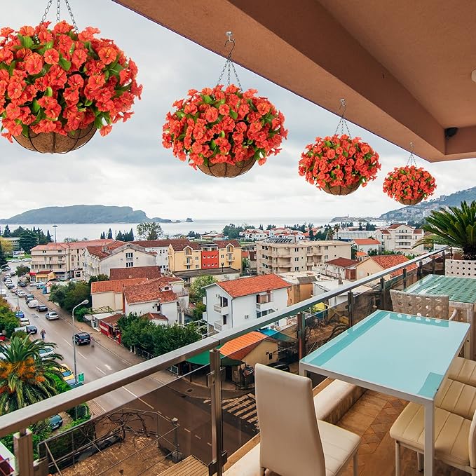 Ammyoo Artificial Hanging Flower Plants with Basket for Spring Summer Outdoor Decoration, Faux Petunias Flowers Fake Morning Glories Planter for Outside Patio Garden Porch Balcony Yard Decor(Orange)
