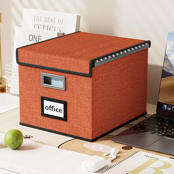 File Organizer Box with Lid, Collapsible File Folder Organizer for Office Document Storage, Filing Box with Plastic Slide for Letter Size Hanging File Folders(1 Pack, Reddish Organge)