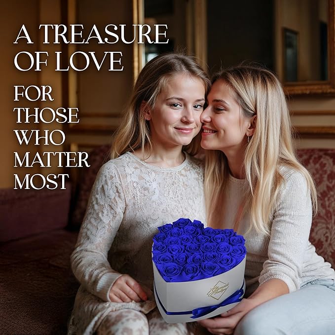 GLAMOUR BOUTIQUE Preserved Roses in a Box - Gifts for Her, Wife & Mom, Rose Flowers Forever Decor for Birthday Gift, Get Well Flower Bouquet Cased in White Box with Cover, Blue, 27 (Color-Treated)