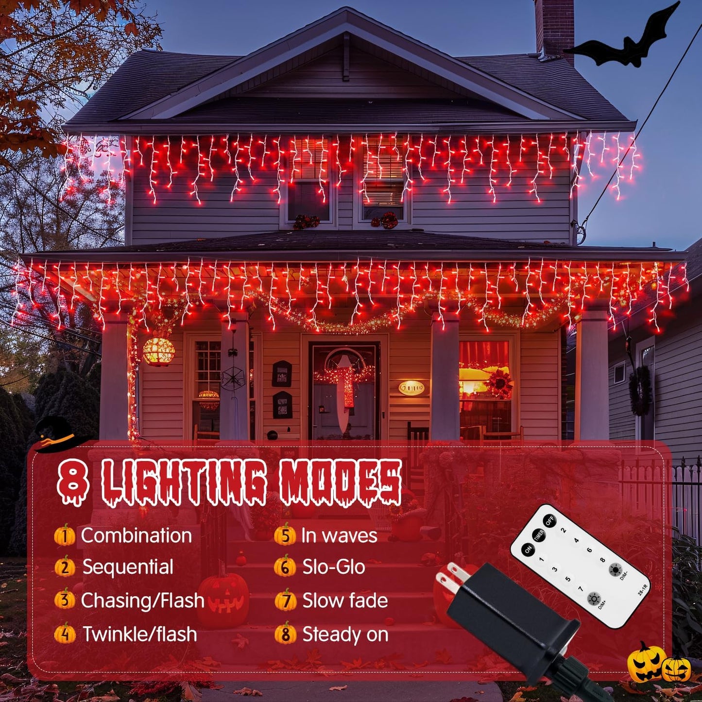JMEXSUSS 400 LED Red Icicle Lights for Halloween Decor, Connectable Red Halloween Lights Indoor Outdoor with Remote, Christmas Light for Room Fireplace Christmas Decorations