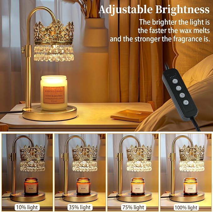 Candle Warmer Lamp with Timer Dimmer Adjustable Height with 2 Bulbs Crystal Candle Lamp Elegant Home Decor for Valentine's Day Gift Wax Melt Warmers for Women Birthday Gift (Gold)