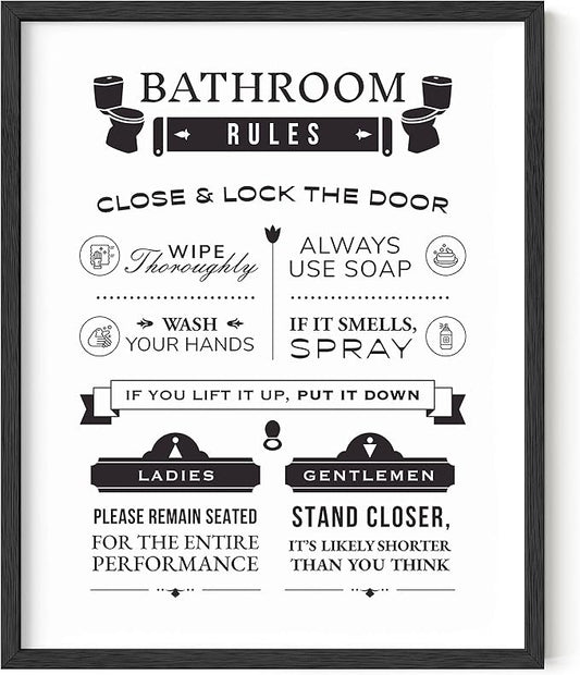 HAUS AND HUES Funny Bathroom Signs & Decor, Toilet Rules Art (Unframed 16x20)