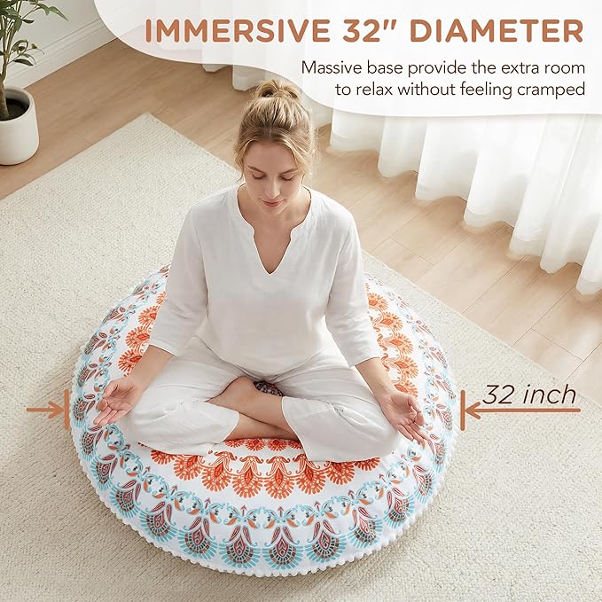 Codi Floor Pillows for Adults & Teens Set of 2, Large Boho Meditation Cushions with Memory Foam, Round Mandala Seating for Yoga, Home Office, Dorm Room, Washable, 32 Inch, Coral