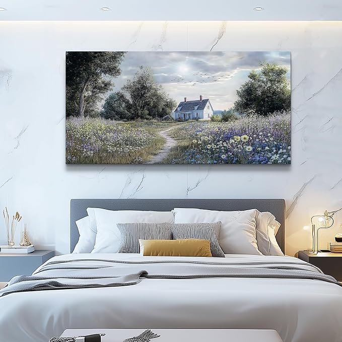 KELIYUAN Wall Art For Living Room Large Wall Decor Canvas Painting Retro Pastoral Flower Sea Landscape Painting Farmhouse Office Bedroom Artwork Picture For Print For Home Decoration 24x48 Inches