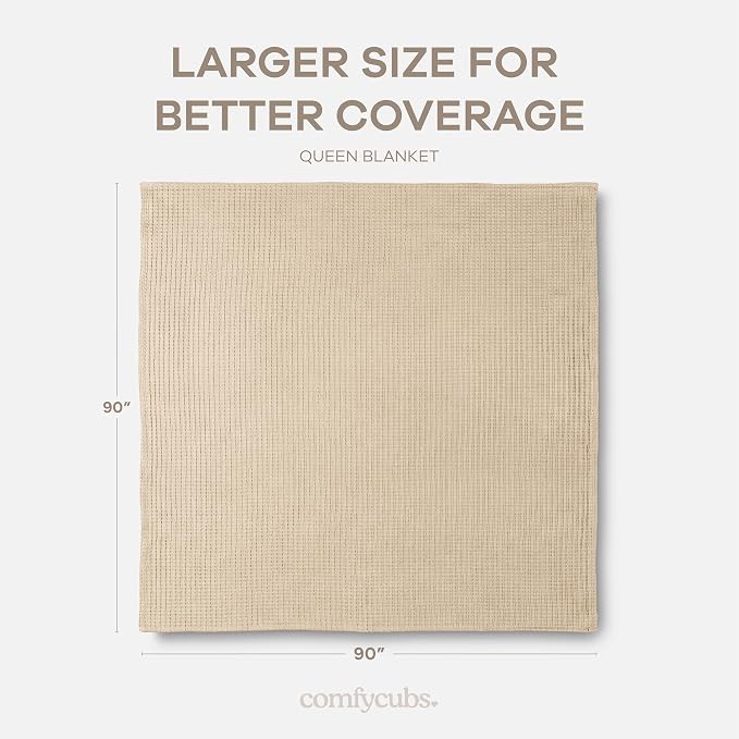 Comfy Cubs Waffle Blanket Queen, 90" x 90" - 100% Cotton Lightweight Breathable Bed Blanket - Soft Textured Thermal Weave for All Seasons – Decorative Cozy Layer for Couch, Sofa, or Bed - Sand