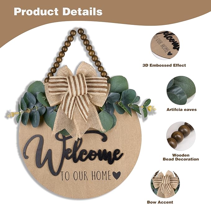 Condorpasea 3D Welcome Sign for Front Door | Home/Farmhouse Porch Décor Wooden Hanging Sign with Artificial Leaves and Rustic Beads | Christmas Classroom |12" Round