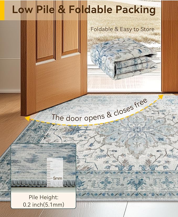 RELEANY Area Rugs 3'x9' Runner Rug Non Slip Washable for Kitchen Hallway Bedroom Beside Laundry Room Bathroom Rug, Floor Carpet, Light Blue Navy Beige Gray White