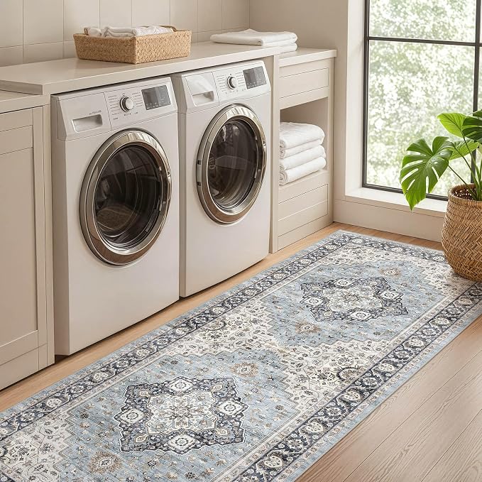 Runner Rug Kitchen Washable Rugs: 3x10 Non-Slip Boho Vintage Distressed Stain Resistant Indoor Neutral Farmhouse Throw Carpet for Hallway Bathroom Laundry Room Entryway Bedroom- Blue Tan