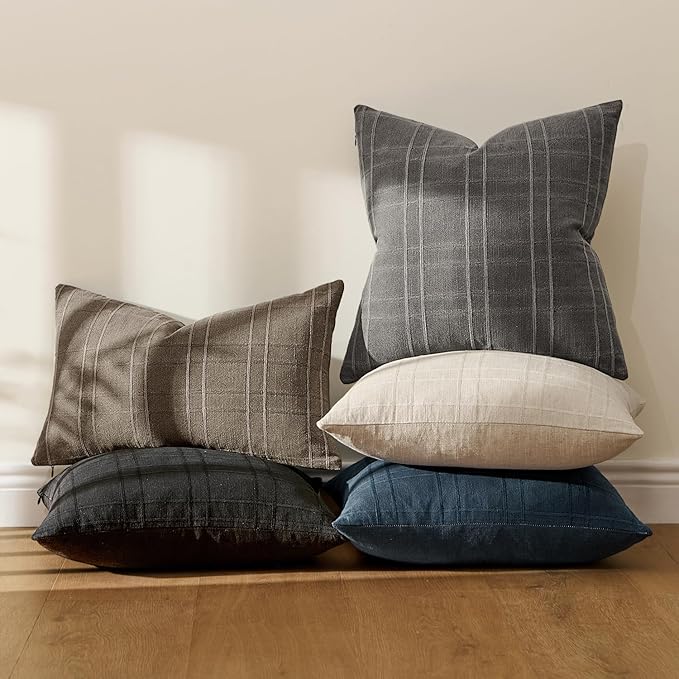 MIULEE Decorative Linen Check Lumar Throw Pillow Covers Neutral Farmhouse Vintage Pillow Covers 24x24 Inch Set of 2 Boho Modern Home Decor for Sofa Couch Bedroom Cushion Chair Charcoal Gray