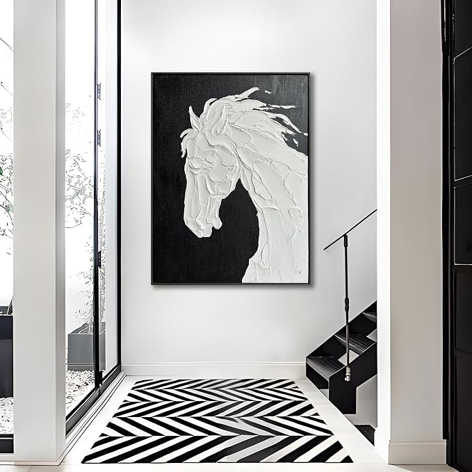 Sofoney - Black Framed Black and White Textured Wall Art Hand Painted 3D Plaster White Horse Oil Painting Modern Minimalist Canvas Wall Decor for Living Room Bedroom - 24"x32"