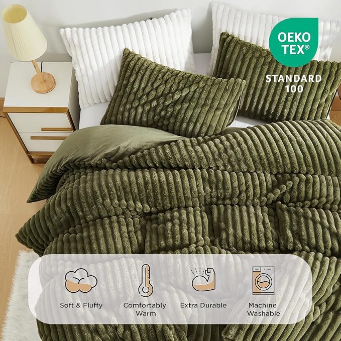 Nayoroom Fluffy Faux Fur Duvet Cover Queen Size Velvet Flannel Olive Green Striped Reversible Comforter Cover Winter Warm 3 Pcs Luxury Soft Shaggy Plush Fuzzy Bedding Set with Zipper Closure