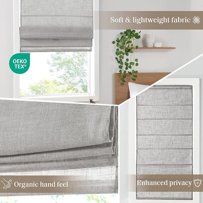 Madison Park Kyler Cordless Roman Shades - Single Panel, Lightweight Linen Blend Fabric, Natural Design, Easy Installation, Light Filtering Window Blind, Bedroom, Living Room Decor 29" W x 64" H Grey