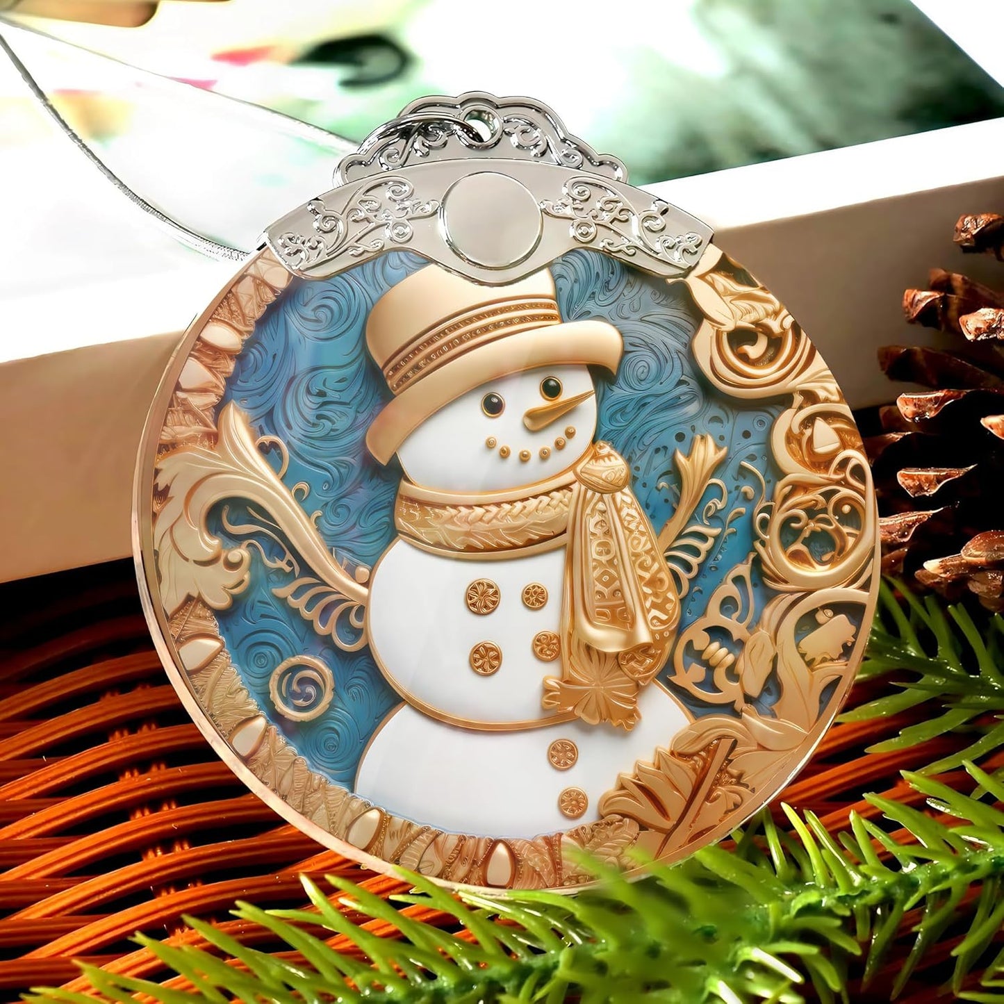 2025 Christmas Ornament, Stained Glass Effections, Christmas Tree 4 Inch Acrylic Ornament Art, White Elephant Gifts Car Interiors Decors, Christmas Decor (Yellow Hat Snowman)