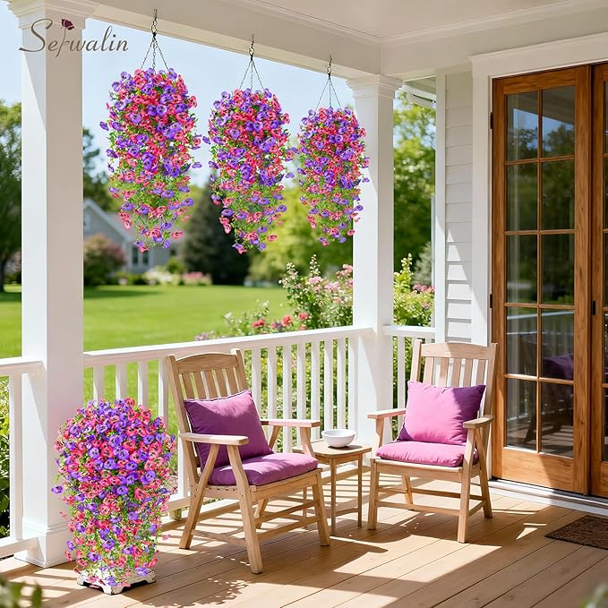 Serwalin Artificial Fake Hanging Flowers for Outdoors Planters,6PCS UV Resistant Faux Pansy Spring Flowers for Outside Porch Patio Garden Window Box (Rose Pink Purple)