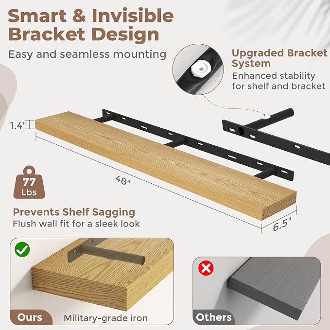 Venusmiles Floating Shelves for Wall, 48 Inch Floating Shelves Set of 1, 6.5" D Wooden Wall Mounted Display Shelves with Invisible Brackets for Living Room, Bedroom, Bathroom, Kitchen Decor, Oak