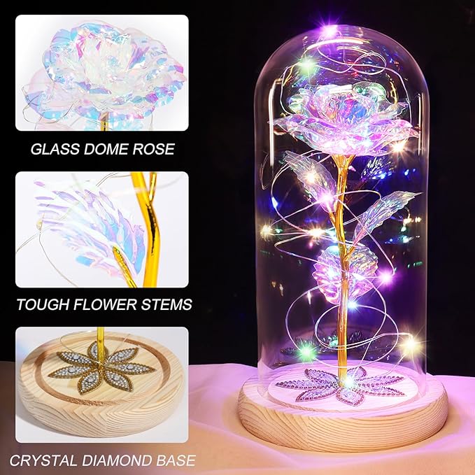 Beferr Mothers Day Rose Gifts for Mom Galaxy Glass Rose Preserved Forever Roses for Delivery Light Up Flowers in Glass Dome Anniversary Birthday Gifts for Women Grandma Wife Her Daughter Girlfriend