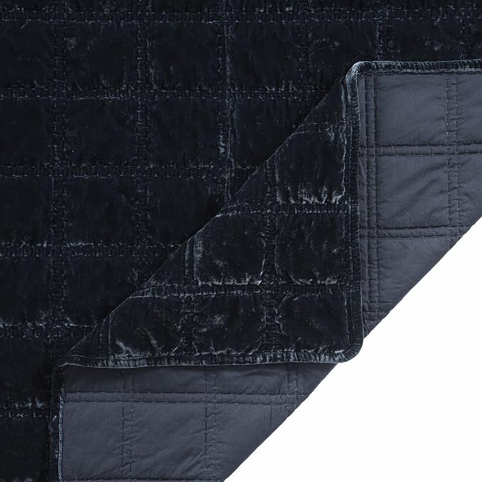 HiEnd Accent Stella Faux Silk Velvet Double Box Stitch 3 Piece Quilt Set, King Size, Midnight Blue Solid Color, Classic Chic Modern Rustic Elegant Bedding Set, Lightweight Bed Set