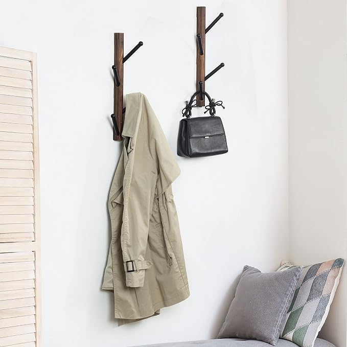 MyGift 4 Hook Wall Mounted Rustic Brown Solid Wood and Black Metal Hat Coat Hanger Tree, Vertical Entryway Hanging Garment Rack with Branch Style Hooks, Set of 2