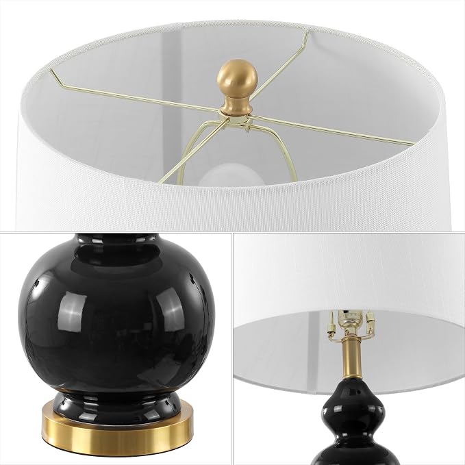 JONATHAN Y 27.5" Black/Brass Gold Modern Ceramic Gourd Table Lamp for Living Room, Large Bedside Nightstand Lamp for Bedroom, White Linen Drum Shade, LED Bulb Included (JYL4023C)