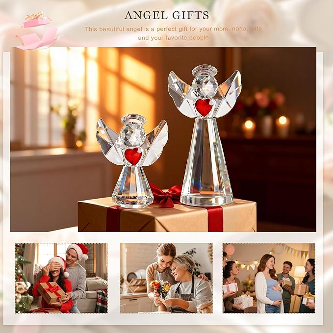 HDCRYSTALGIFTS Set 2 Crystal Angel Figurine for Mom Women, Glass Guardian Angels Ornaments Statues Holding a Heart Home Table Decoration Collectible (Clear,4.5''and 3'')
