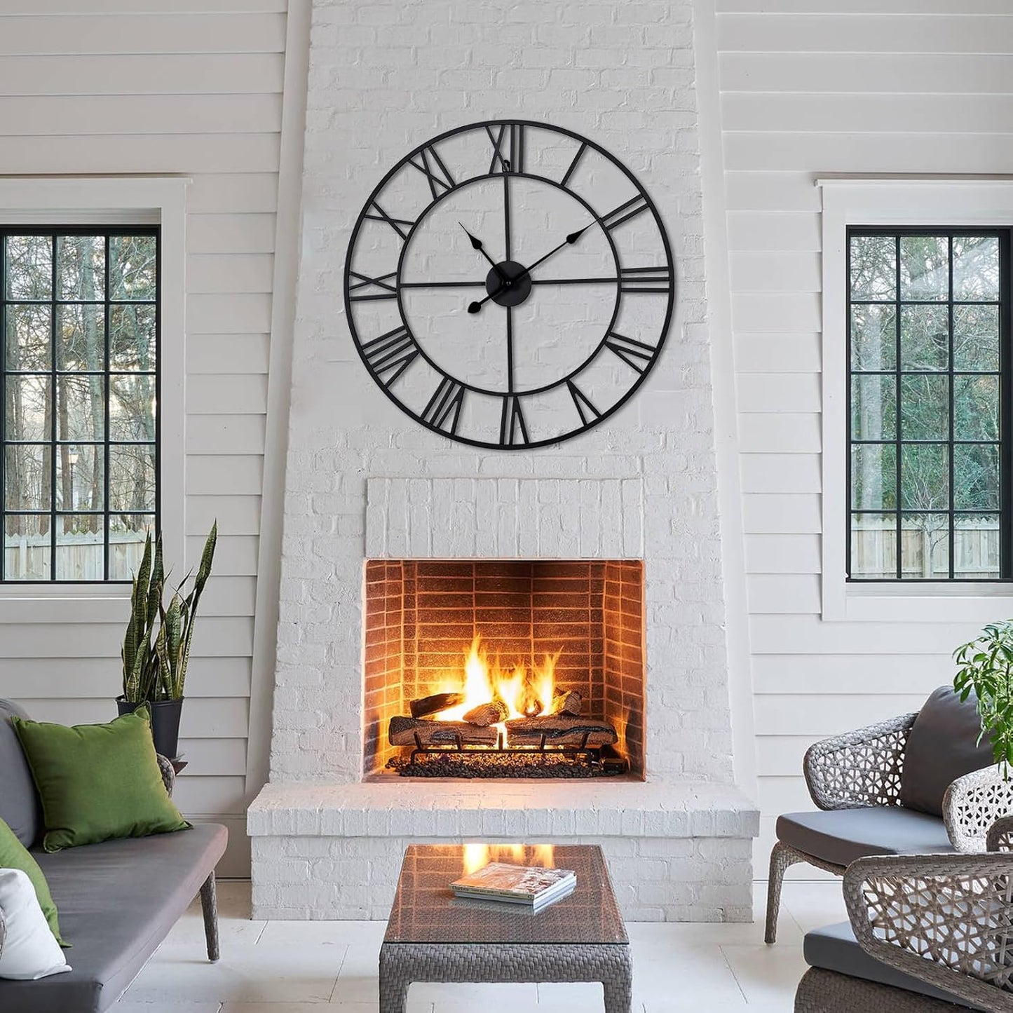 Large Wall Clock for Living Room Decor – 24 Inch Silent Non-Ticking Modern Farmhouse Wall Clock, Oversized Decorative Metal Roman Numeral Clock, Black