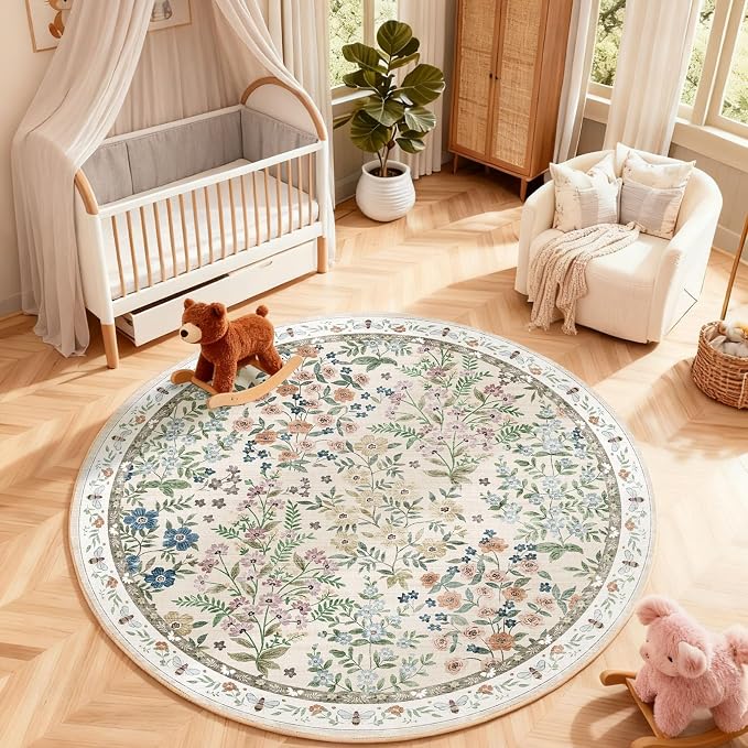 Washable Round Rugs for Bedroom 4ft: Living Room Rug Stain Resistant Non Slip Low Pile Ultra Soft Faux Wool Small Circle Rugs for Entryway Kitchen Bathroom Nursery Entrance Dorm Home Office Indoor