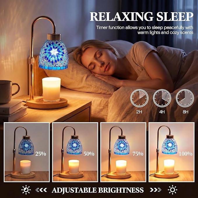 Baquler Turkish Candle Warmer Lamp with Timer Electric Dimmable Candle Warmer Turkish Table Lamp Adjustable Height Moroccan Decor Lighting for Women Birthday Gifts Bedroom Home Office Decor (Blue)
