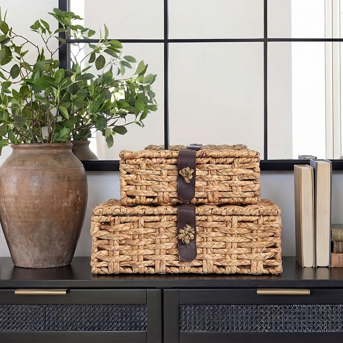 Novabright 2 Pcs Seagrass Storage Basket Box with Lid Decorative Box Storage Basket with Lid Rectangular Woven Shelf Baskets Bins for Table Home Decor Organize, 14.7 x 11 x 5 & 11 x 8 x 4 Inch