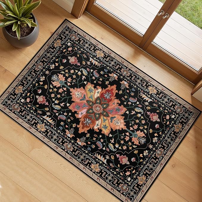 RELEANY Area Rugs 2'6''x4' Kitchen Rugs Entry Rug Small Rugs for Entryway Kitchen Bathroom Door Mat Indoor Entrance,Washable Non Slip, Black Colorful Floral Dark Tan