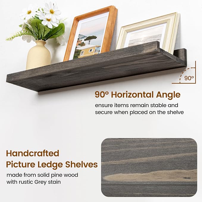 FLYJOE Picture Ledge Wall Shelves - 24 Inch Width Set of 3, Solid Pine Wood Rustic Floating Ledge Shelves for Kids' Room, Bedroom, Kitchen, Bathroom, Living Room, Nursery Display Wall Decor, Grey