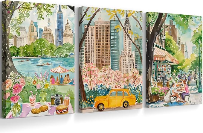SYYANKK Watercolor New York City Wall Art NYC Canvas Poster Travel Wall Decor NYC Painting Central Park Picture New York Landmarks Artwork for Bedroom Living Room 16x24x3 Inch Ready to Hang
