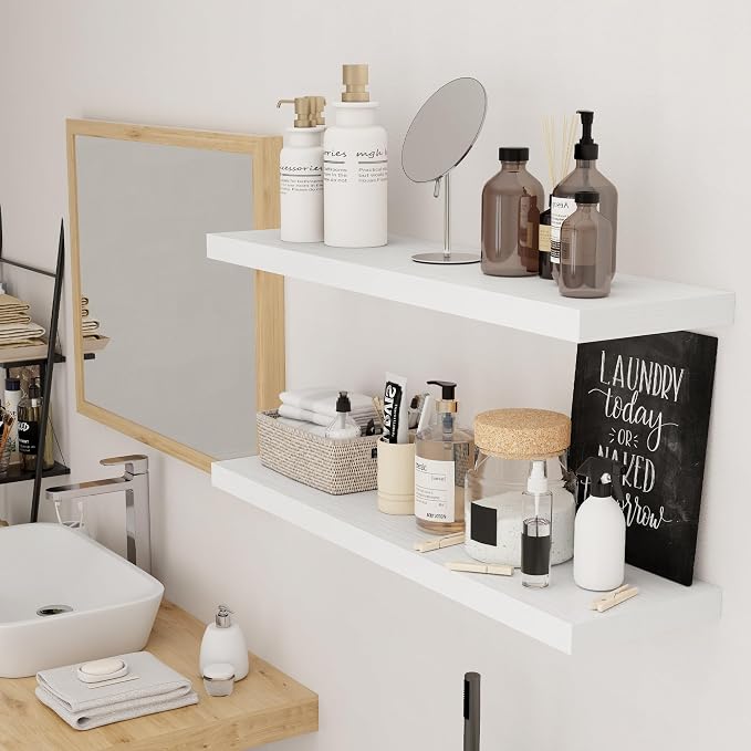 Floating Shelves for Wall, 36 inch White Wall Shelves, 9.3in Deep Bathroom Floating Shelves, Wooden Floating Shelf for Bedroom, Living Room, Kitchen, 36" W x 9.3" D x 1.5" H, 2 Packs